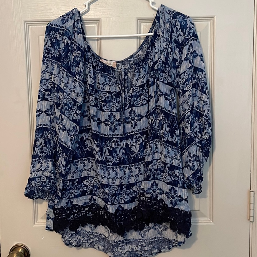 Altered State Navy and Blue Floral Lace Blouse - Size L